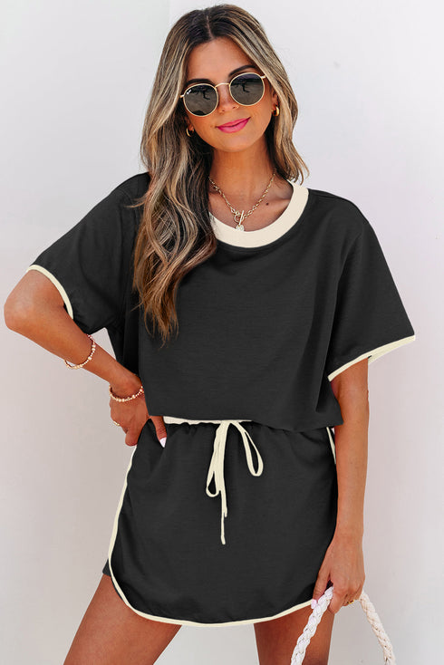 Contrast Trim Drop Shoulder Two Piece Skort Set