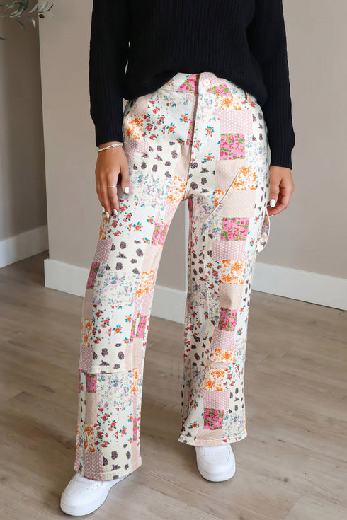 Floral Patchwork Wide Leg Full Length Jeans