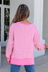 Striped Waffle Knit Split Hem Textured Long Sleeve Top