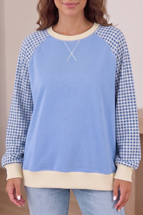 Polyester Plaid Pattern Sleeve Raglan Pullover Sweatshirt