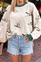Duck Print Twist Ribbed Corded Crewneck Long Sleeve Pullover Top