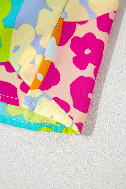 Abstract Print Ruffled Mock Neck Pleated Blouse