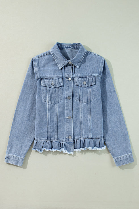 Casual Ruffle Raw Hem Flap Pocket Denim Jacket