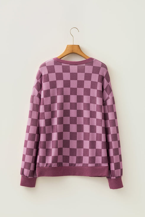 Bold Checkerboard Print Ribbed Trim Pullover Top