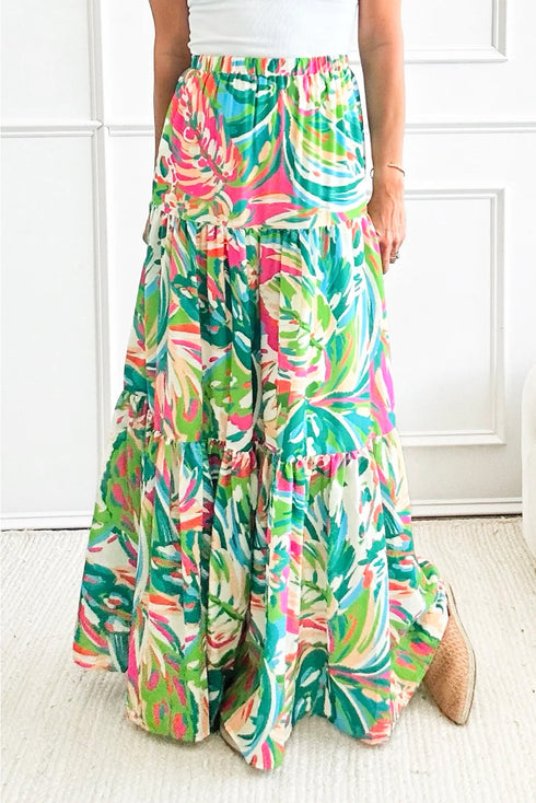 Bohemian Abstract Print High Waist Tiered Maxi Skirt