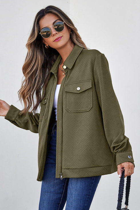 Casual Textured Flap Pocket Shirt Collar Zip Up Jackets