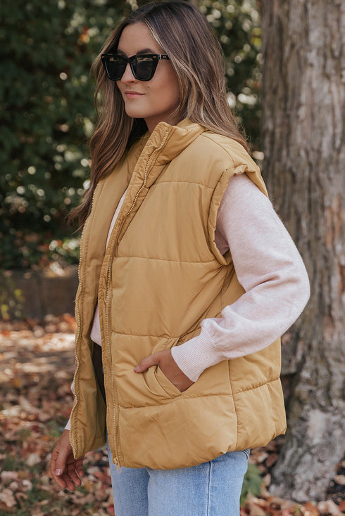 Oversized Stand Collar Zip Front Quilted Vest