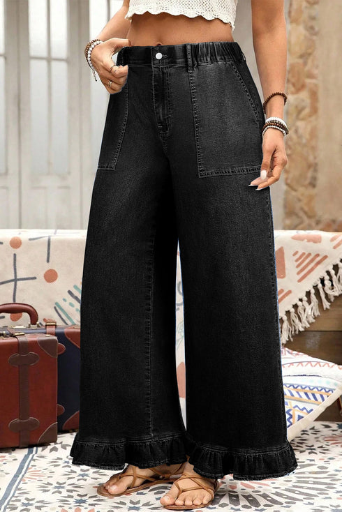 Elastic Waist Ruffled Wide Leg Denim Pants