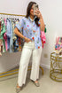 Floral Striped Patchwork Ruffled Collar Short Sleeve Shirt