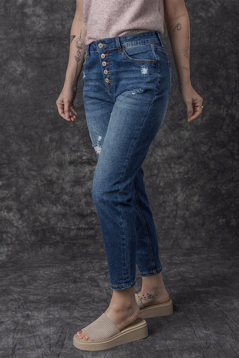 Distressed Button Fly High Waisted Skinny Denim Jeans