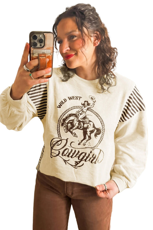 Western Print Striped Detail Long Sleeve Top
