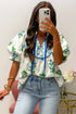 Floral Print Contrast Trim Puff Sleeve Tie Neck Blouse