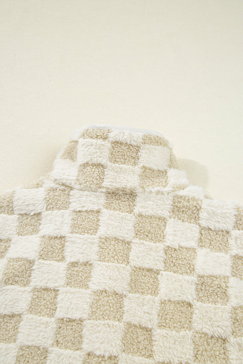 Checkered Sherpa Fleece Snap Button Pocket Vest