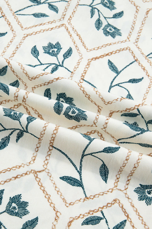 Geometric Floral Print Lace Trim Collared Short Sleeve Mini Dress