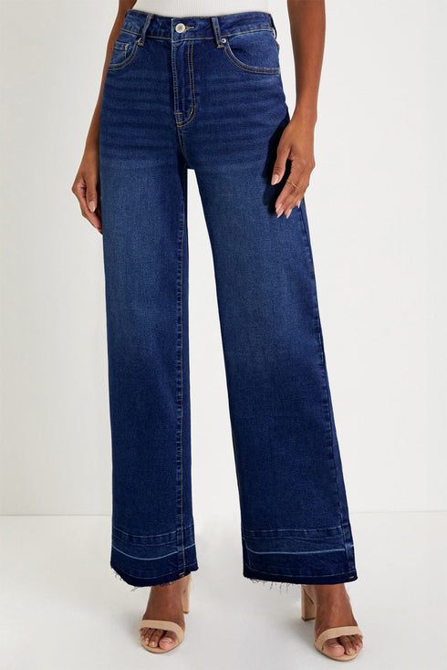 High Rise Straight Loose Raw Hem Cuffed Jeans