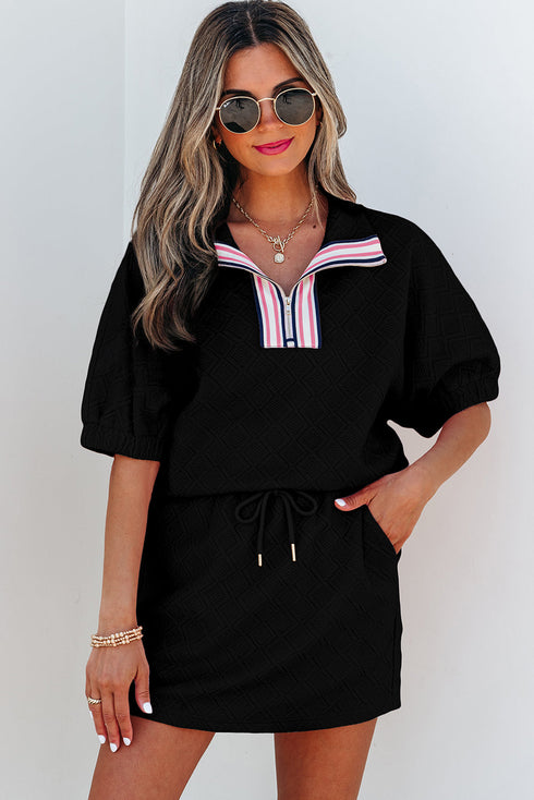 Textured Striped Collared Zip Up Two Piece Dress