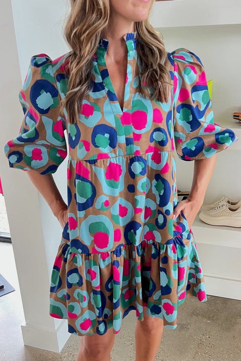 Abstract Animal Print Puff Sleeve Tiered Dress