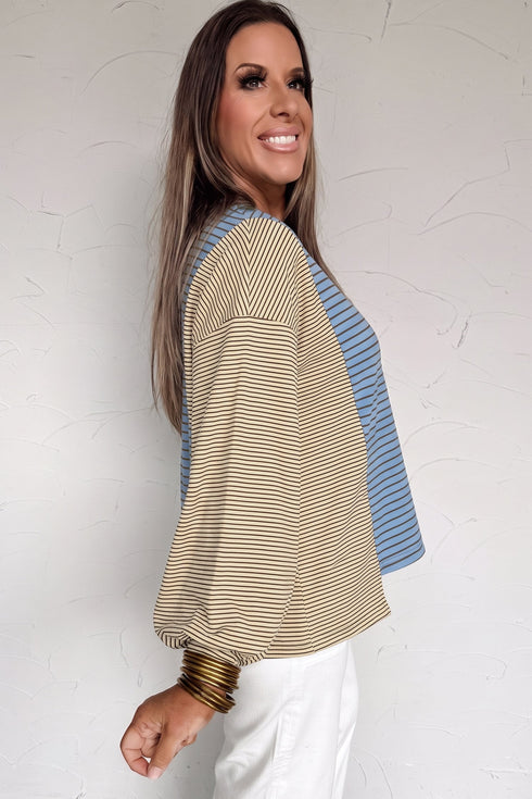 Striped Round Neck Shift Silhouette Long Sleeve Pullover Top