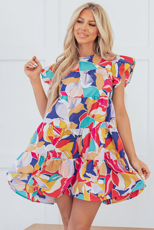 Abstract Print Ruffled Flutter Sleeve A-Line Mini Dress