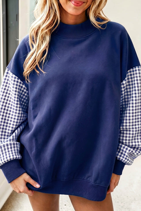 Mock Neck Plaid Pattern Sleeve Loose Tunic Sweatshirt