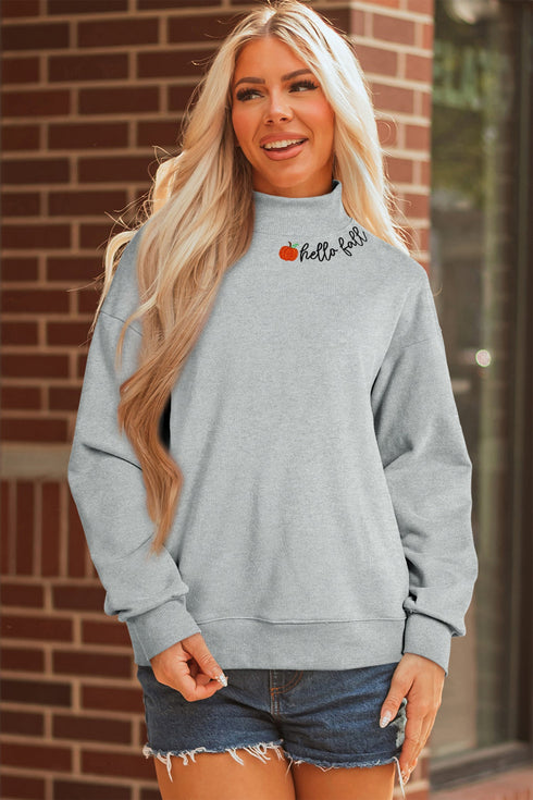 Hello Embroidered Pumpkin Graphic Mock Neck Sweatshirt