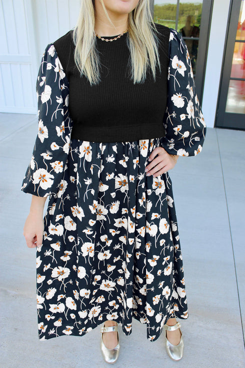 Floral Print Long Sleeve Round Neck Shift Midi Dress