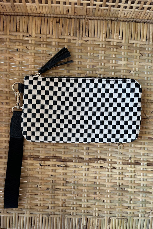 Checkered Woven Fringe Tassel Pu Leather Wristlet Handbag
