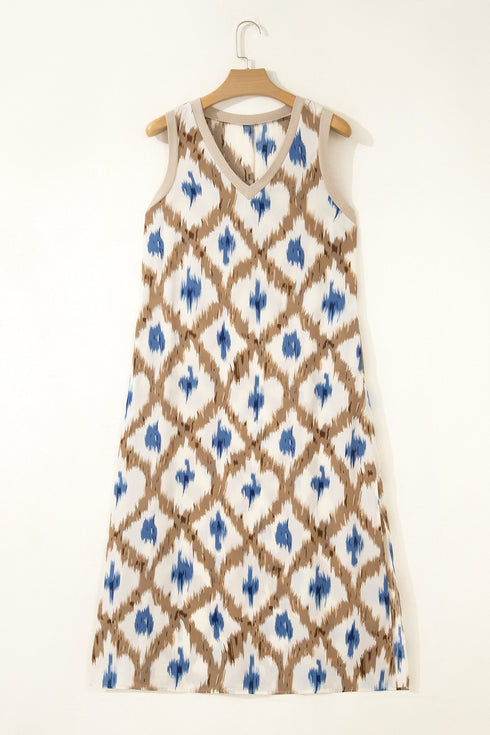 Bohemian Abstract Print V Neck Sleeveless Maxi Dress