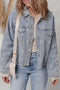 Bow Knot Print Raw Hem Washed Denim Jacket