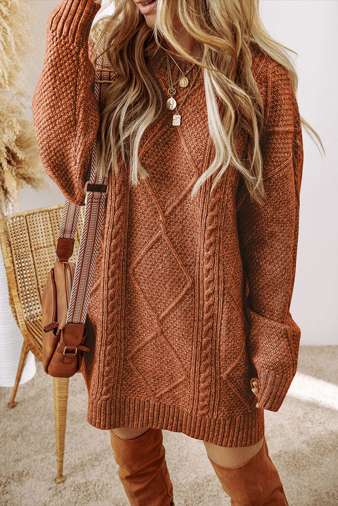 Long Sleeve Cable Knit Crew Neck Sweater Dress
