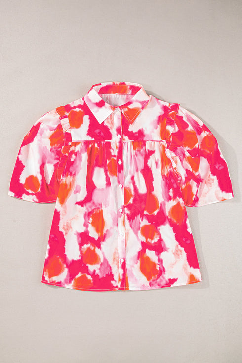 Abstract Burst Print Puff Sleeve Button Front Shirt