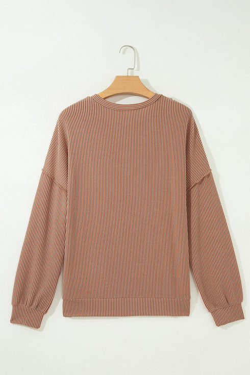 Leopard Print Ribbed Knit Corded Long Sleeve Top