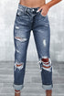 Distressed Frayed Slim Fit High Waist Denim Jeans