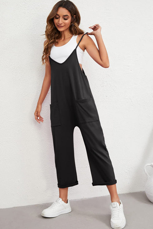 Solid Casual Adjustable Spaghetti Strap Straight Leg Jumpsuit