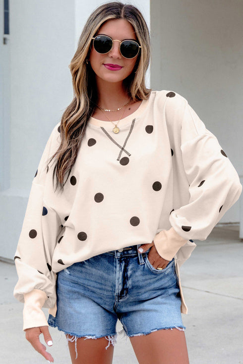 Polka Dot Loose Long Sleeve Split Hem Pullover Top
