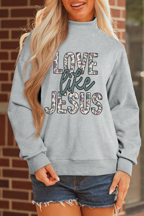 Camouflage Letter Print Faith Inspired Mock Neck Sweatshirt