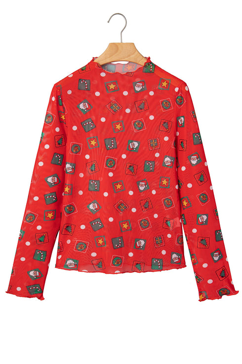Playful Festive Element Print Sheer Mesh Top