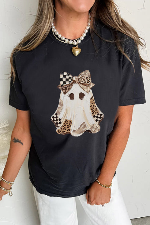 Checkered Leopard Ghost Print Round Neck Tee