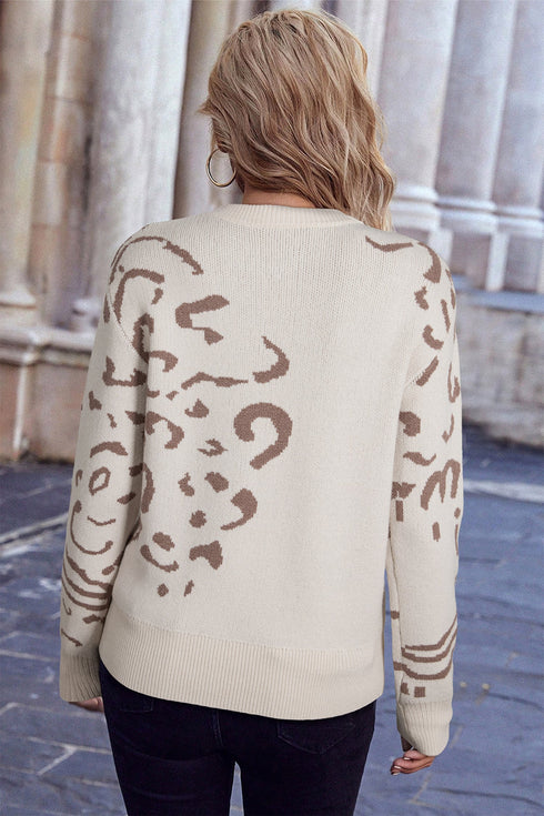Abstract Animal Pattern Crew Neck Knit Sweater