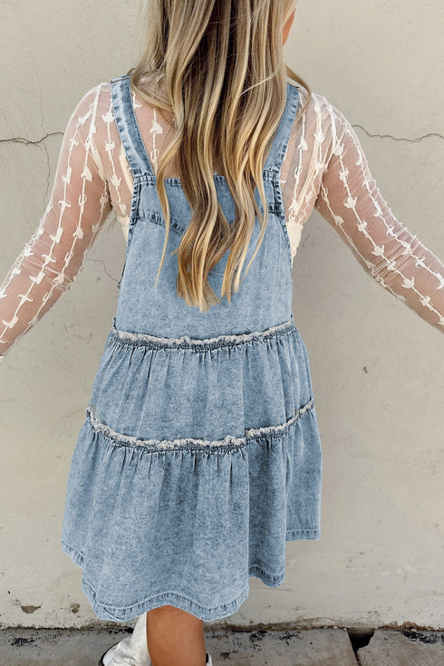 Washed Denim Tiered Flowy Western Overall Mini Dress