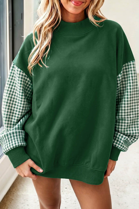 Mock Neck Plaid Pattern Sleeve Loose Tunic Sweatshirt