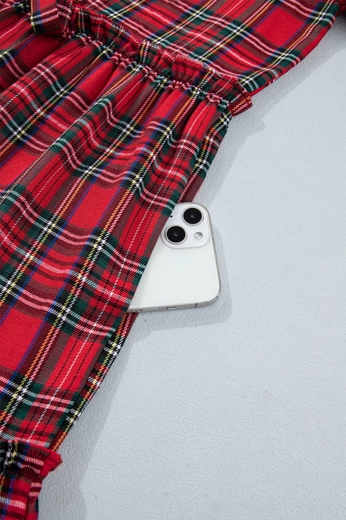 Plaid Knot Neck Short Sleeve Shift Midi Dress