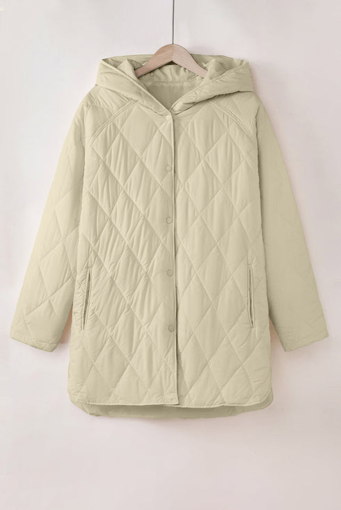 Solid Quilted Snap Button Hooded Puffer Coat