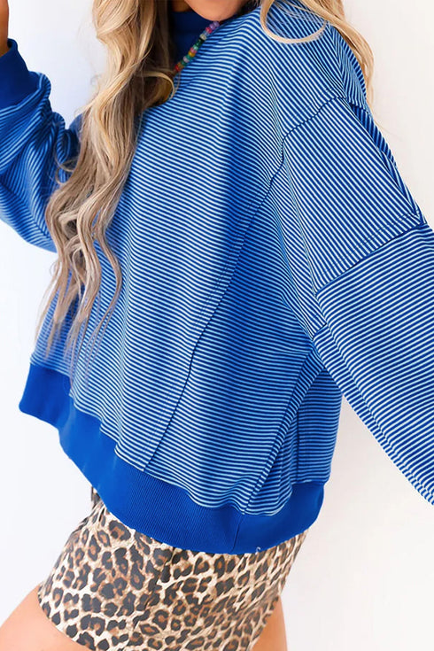Striped Ribbed Cuff Hem Seam Long Sleeve Pullover Top