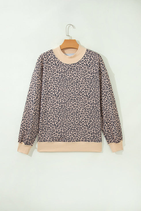 Leopard Print High Neck Long Sleeve Ribbed Cuffs Hem Sweatshirt