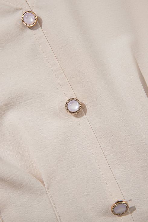 Elegant Solid V Neck Smocked Waist Long Sleeve Blouse