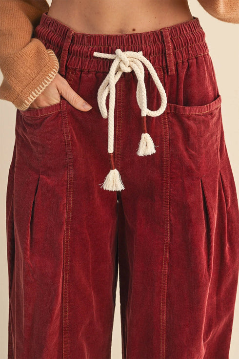 Polyester Racing Elastic Waist Drawstring Corduroy Pants