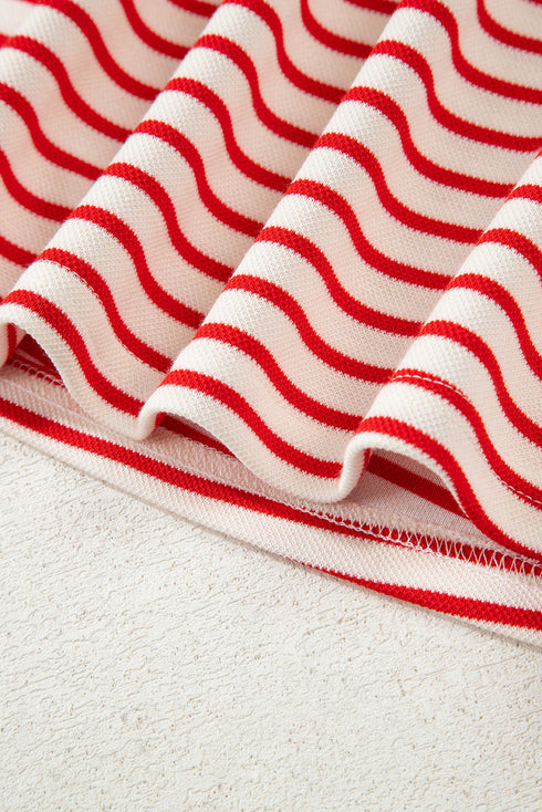 Striped Collared V Neck Pullover Skort Two Piece Dress