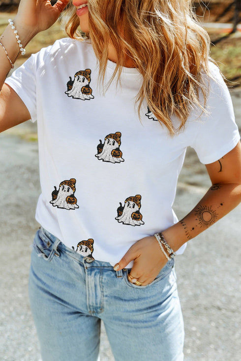 Sequin Ghost Print Short Sleeve Graphic Tee
