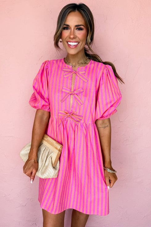 Striped Short Puff Sleeve Bow Detail Mini Dress